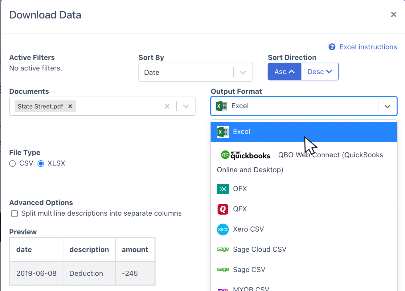 export state street bank statement as Excel