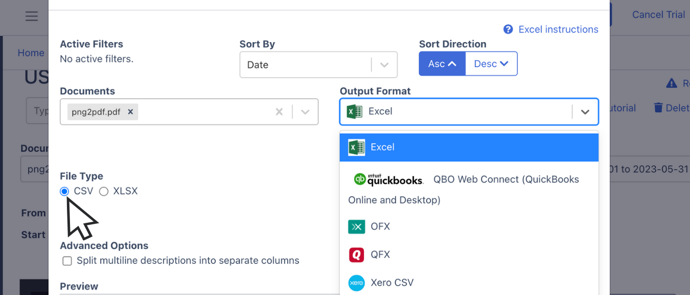 export us bank bank statement to CSV