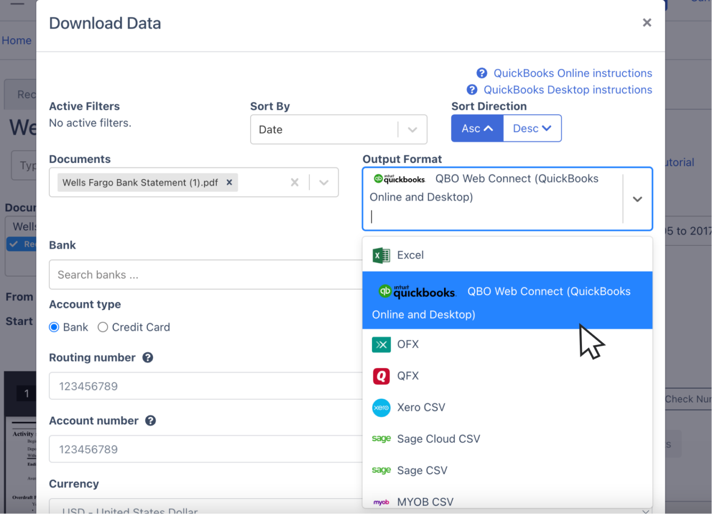 export wells fargo bank statement to QBO