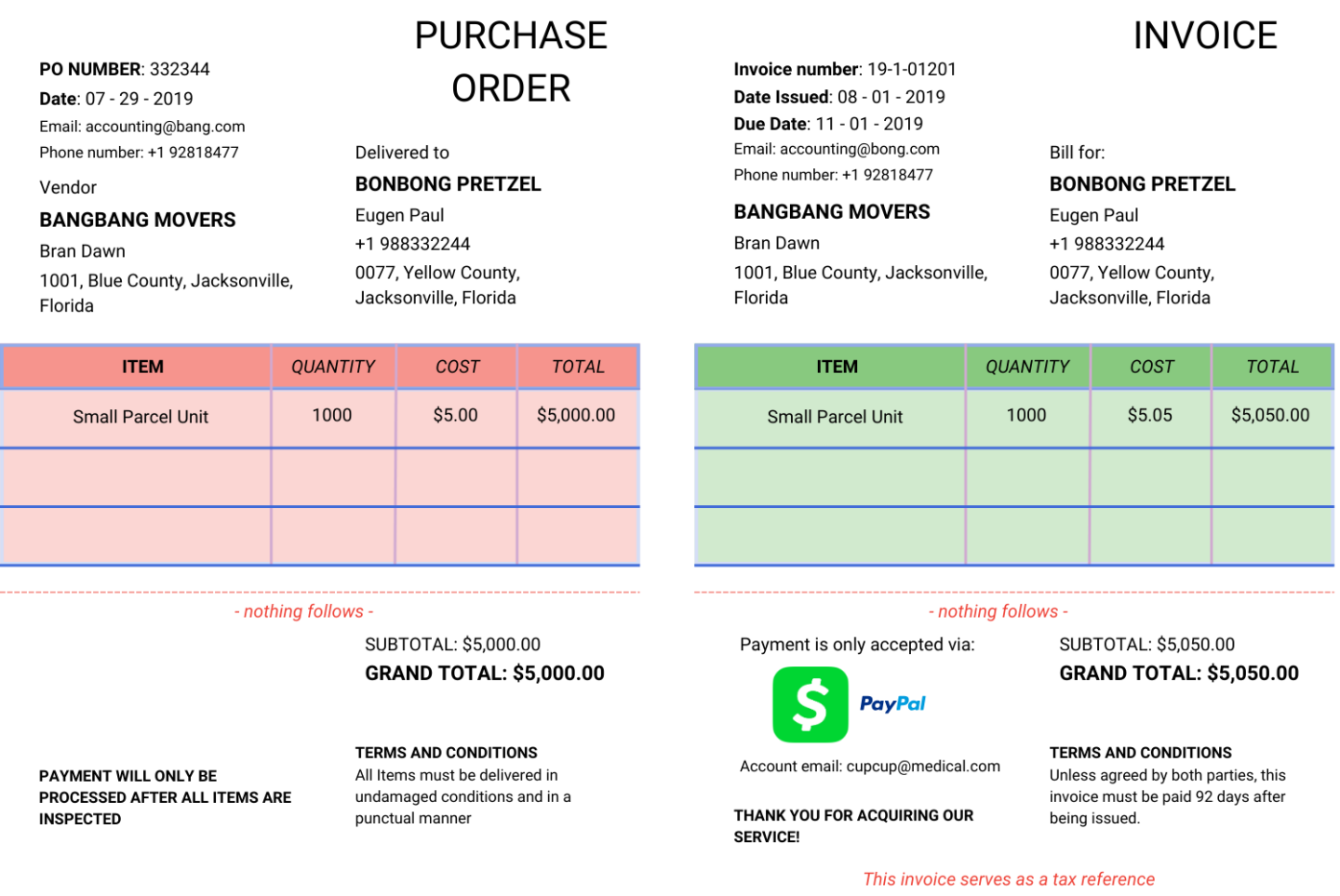 invoice and purchase order 2-way matching example 1