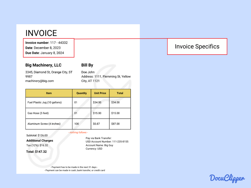 invoice specifications