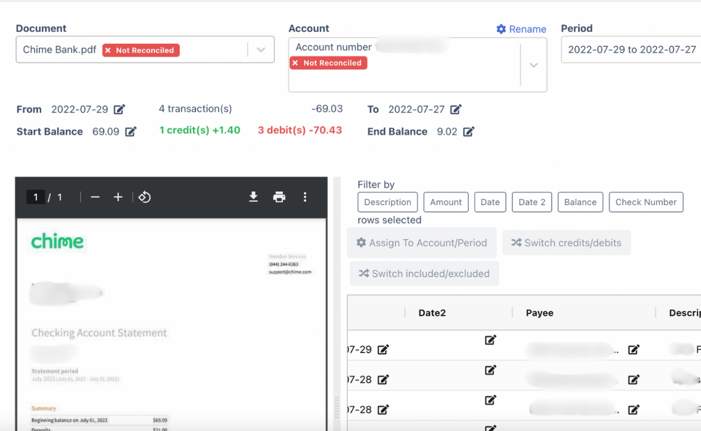 side by side view of Chime Bank and spreadsheet