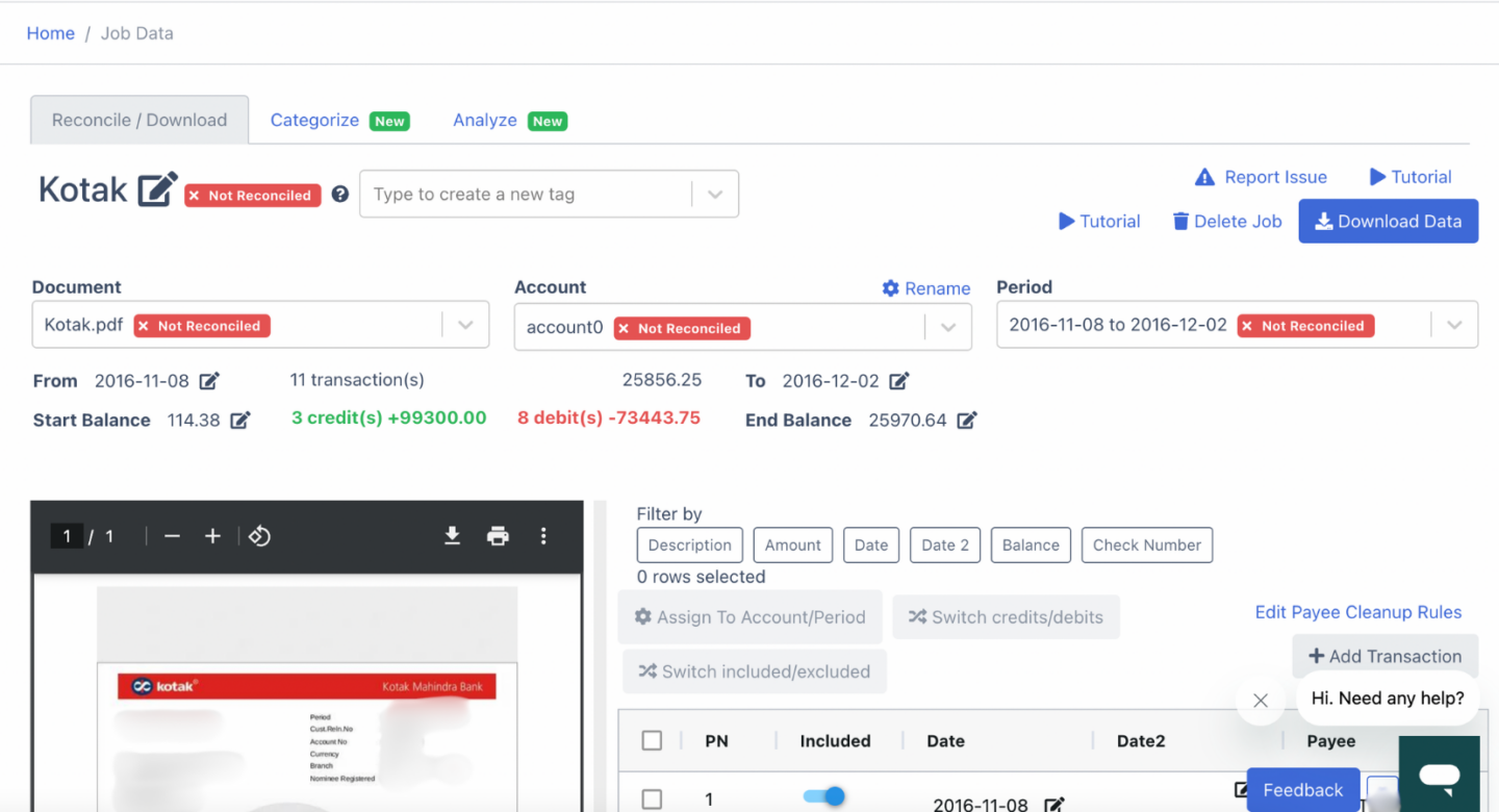 side by side view of kotak bank statement and spreadsheet