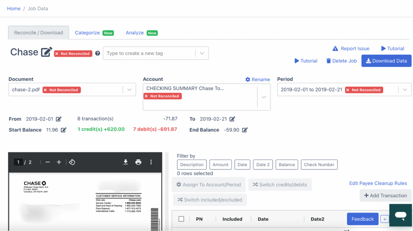 side by side view of chase bank statement and spreadsheet