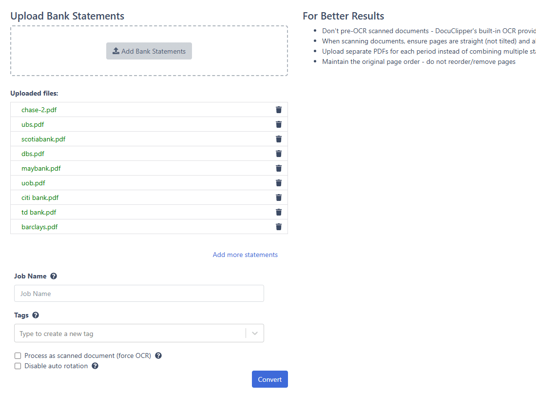 Upload bank statements